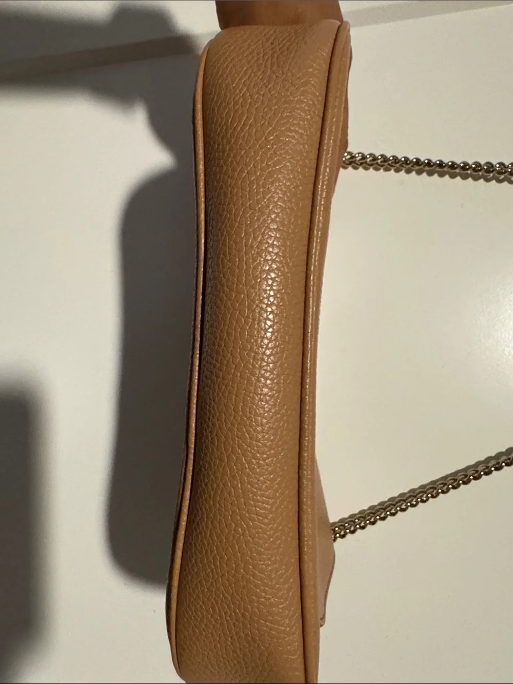 Gucci Tan Pebbled Leather Chain Shoulder Bag with Embossed GG Logo
